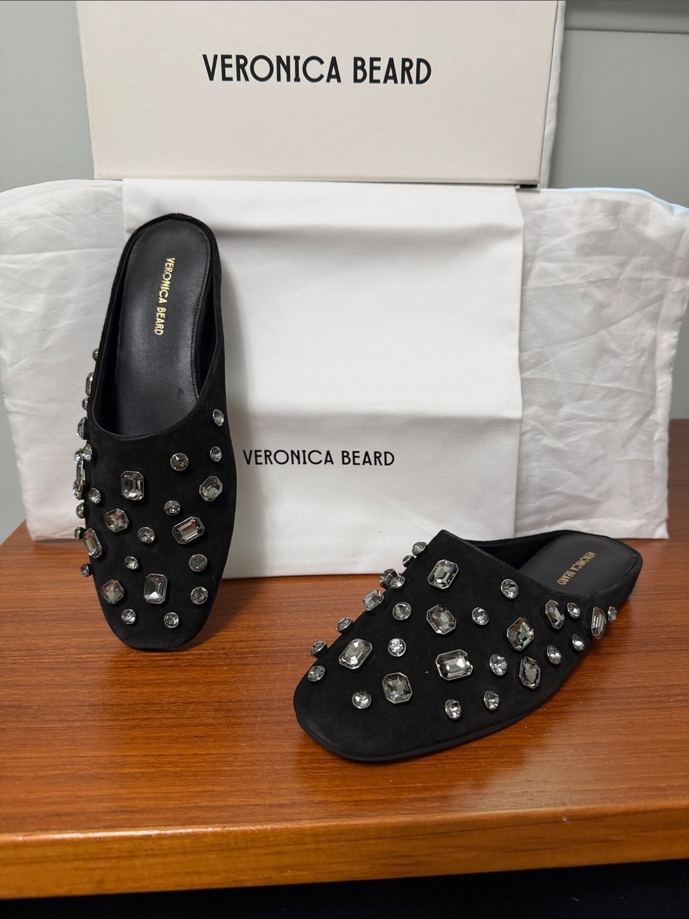 Veronica Beard Black Jeweled Suede Slip-On Mules